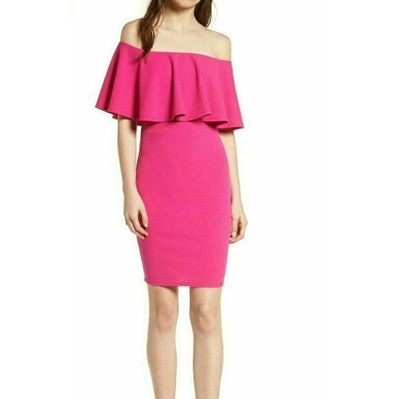 Soprano Womens Pink Ruffle Off-the-Shoulder Bodycon Dress Size S - Picture 10 of 13